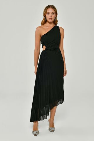 One Shoulder Waist Pleat and Decollete Asymmetrical Cut Chiffon Midi Dress Black - 42