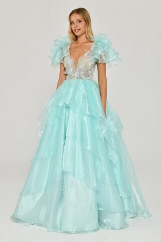 Tüy Boncuk İşlemeli Katlı Prenses Organze Kumaş Uzun Elbise MİNT - 40