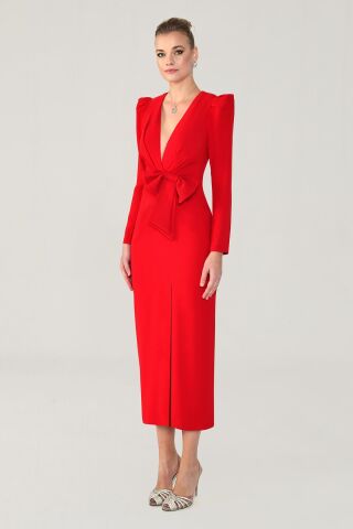 V Yaka Uzun Kollu Yırtmaçlı Uzun Elbise Kırmızı - 40