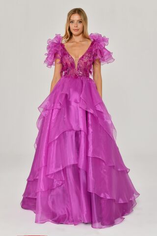 Tüy Boncuk İşlemeli Katlı Prenses Organze Kumaş Uzun Elbise Eflatun - 38