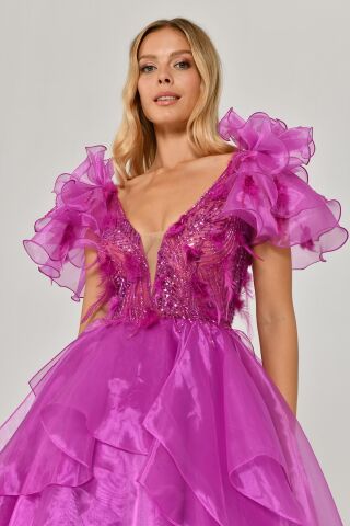 Tüy Boncuk İşlemeli Katlı Prenses Organze Kumaş Uzun Elbise Eflatun - 38