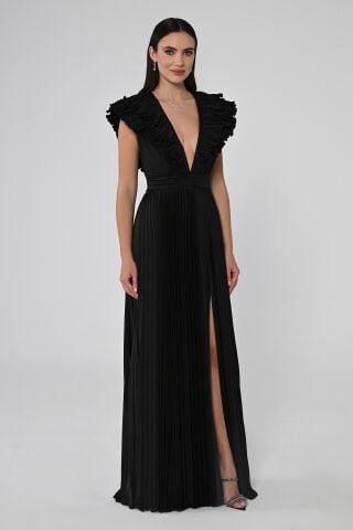 Deep V-Neck Pleated Satin Long Dress