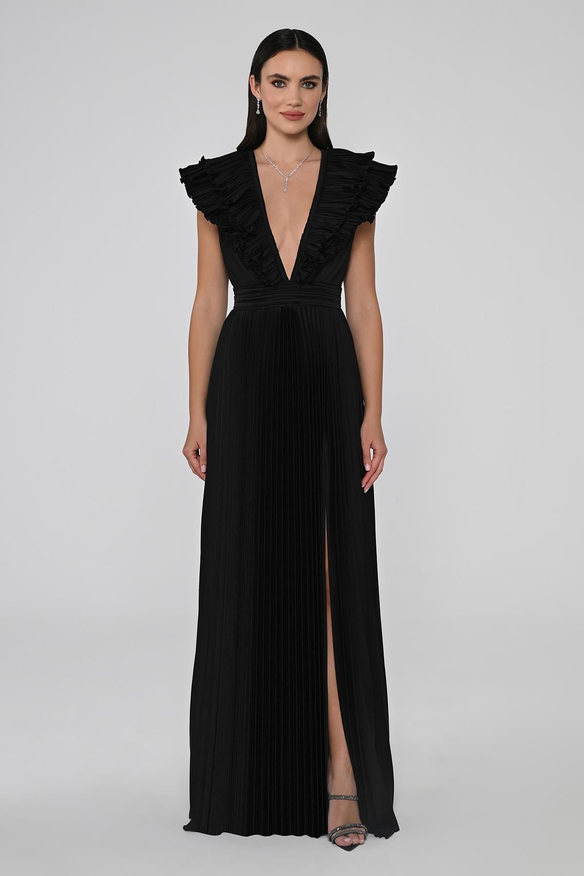 Deep V-Neck Pleated Satin Long Dress