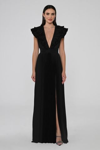 Deep V-Neck Pleated Satin Long Dress