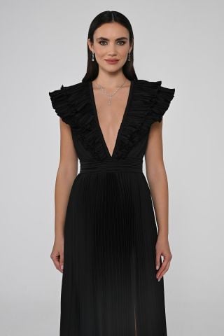 Deep V-Neck Pleated Satin Long Dress