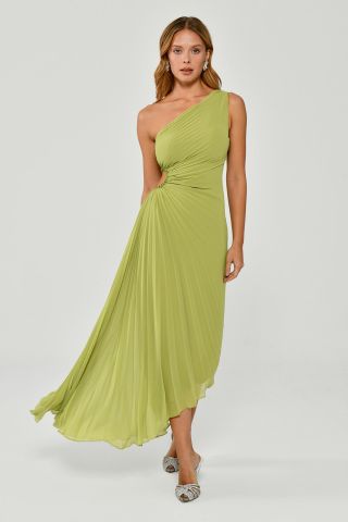 One-Shoulder-Low-Cut Plissee Asymmetrischer Schnitt Chiffon Midikleid OXID GREEN - 42
