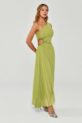 One-Shoulder-Low-Cut Plissee Asymmetrischer Schnitt Chiffon Midikleid OXID GREEN - 42