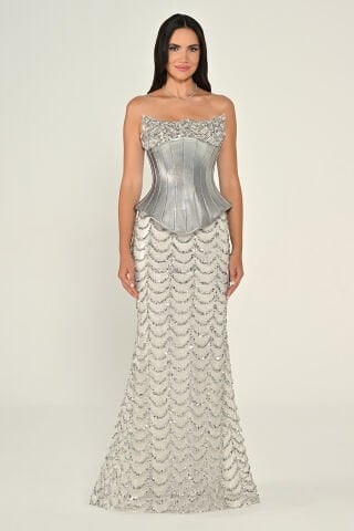 Straplez Korse Bel Payet Uzun Elbise