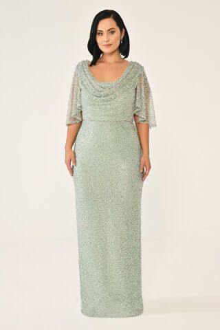 Degaje Yaka Şal Kısa Kol Payet Uzun Elbise MİNT - 46