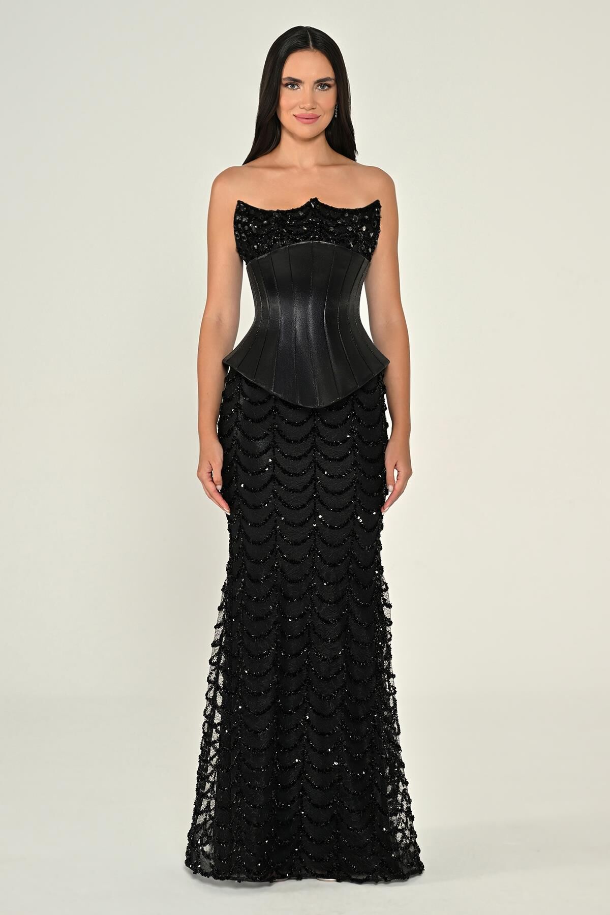 Straplez Korse Bel Payet Uzun Elbise