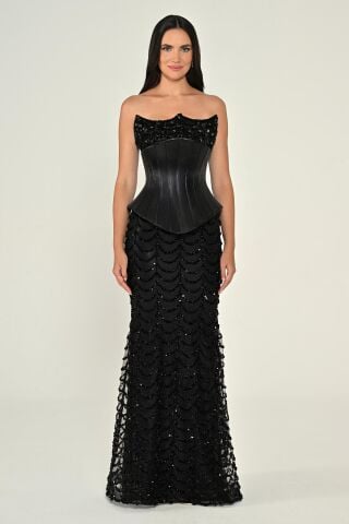 Straplez Korse Bel Payet Uzun Elbise