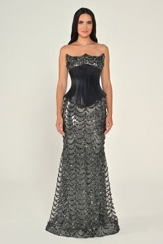 Straplez Korse Bel Payet Uzun Elbise