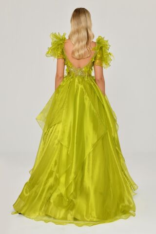 Tüy Boncuk İşlemeli Katlı Prenses Organze Kumaş Uzun Elbise OKSİT YEŞİL - 38