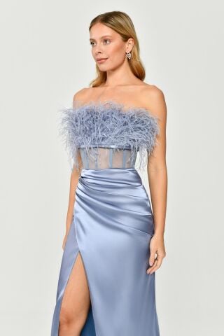 Straplez Otrişli Korse Transparan Bel Saten Uzun Elbise MAVİ - 40