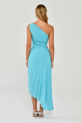 Tek Omuz Bel Dekolteli Pileli Asimetrik Kesim Şifon Midi Elbise YEŞİL ZEBRA - 42