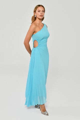 Tek Omuz Bel Dekolteli Pileli Asimetrik Kesim Şifon Midi Elbise YEŞİL ZEBRA - 42