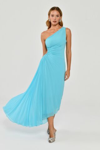 Tek Omuz Bel Dekolteli Pileli Asimetrik Kesim Şifon Midi Elbise YEŞİL ZEBRA - 42