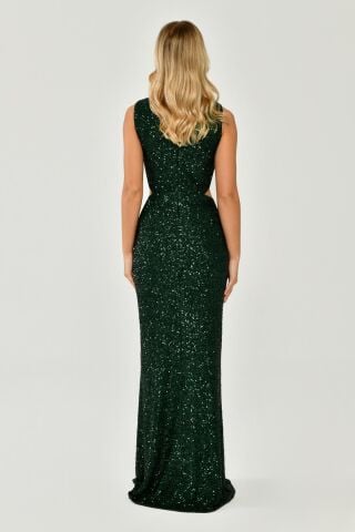 Kalın Askılı V Yaka Önden Yırtmaçlı Payet Uzun Elbise ZÜMRÜT - 40