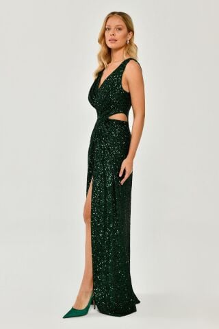 Kalın Askılı V Yaka Önden Yırtmaçlı Payet Uzun Elbise ZÜMRÜT - 44