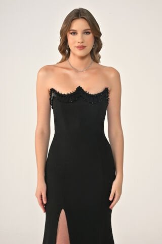 Straplez Asimetrik Kesim Uzun Elbise