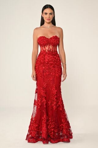 Transparentes, taillenfreies trägerloses Kleid Rot - 40
