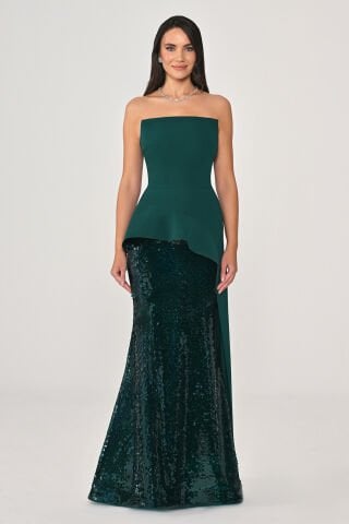 Straplez Üstü Krep Eteği Payet Uzun Elbise