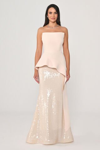 Straplez Üstü Krep Eteği Payet Uzun Elbise