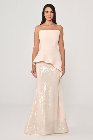 Straplez Üstü Krep Eteği Payet Uzun Elbise