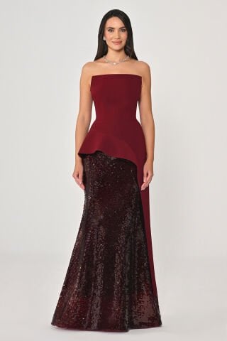 Straplez Üstü Krep Eteği Payet Uzun Elbise