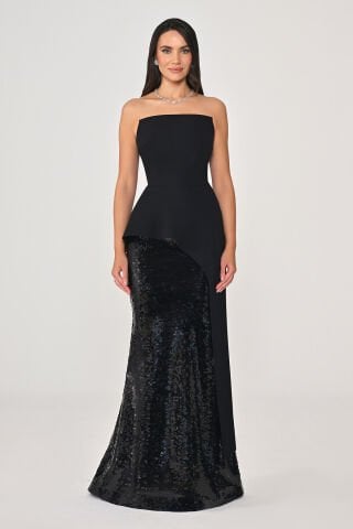 Straplez Üstü Krep Eteği Payet Uzun Elbise