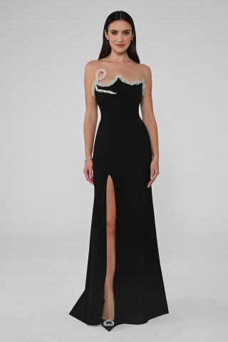 Straplez Yakası Taşlı Asimetrik Kesim Önden Yırtmaçlı Uzun Elbise Siyah - 42