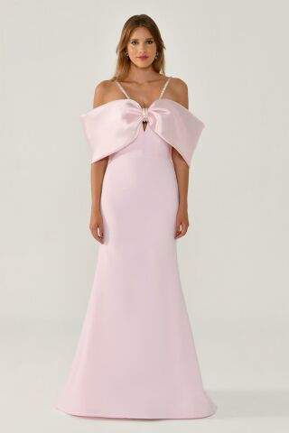 Stoned Rope Strap Low Shoulder Crepe Long Dress