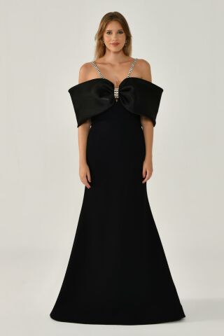 Stoned Rope Strap Low Shoulder Crepe Long Dress