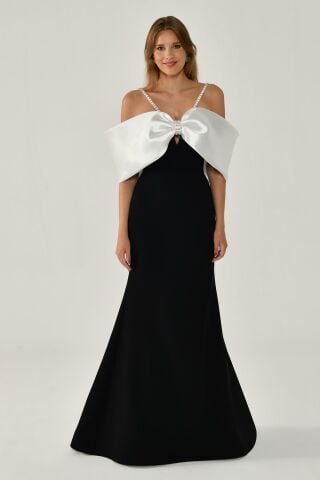 Stoned Rope Strap Low Shoulder Crepe Long Dress
