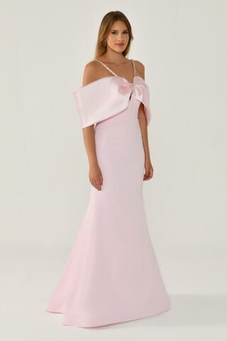 Stoned Rope Strap Low Shoulder Crepe Long Dress