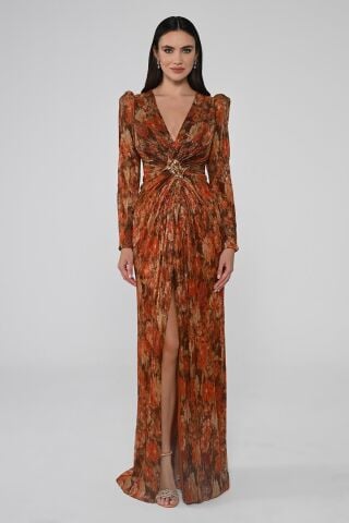 V Yaka Taşlı Tokalı Vatkalı Piliseli Kumaş Uzun Elbise