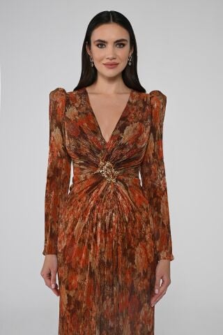 V Yaka Taşlı Tokalı Vatkalı Piliseli Kumaş Uzun Elbise