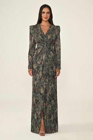 V Yaka Taşlı Tokalı Vatkalı Piliseli Kumaş Uzun Elbise