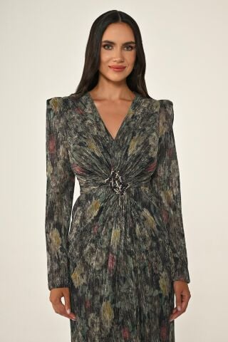 V Yaka Taşlı Tokalı Vatkalı Piliseli Kumaş Uzun Elbise