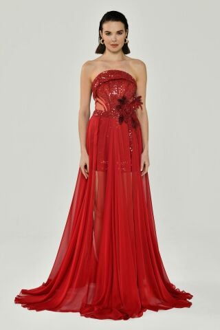 Strapless Top Sequined Bottom Chiffon Floral Lace Long Dress