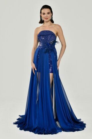 Strapless Top Sequined Bottom Chiffon Floral Lace Long Dress