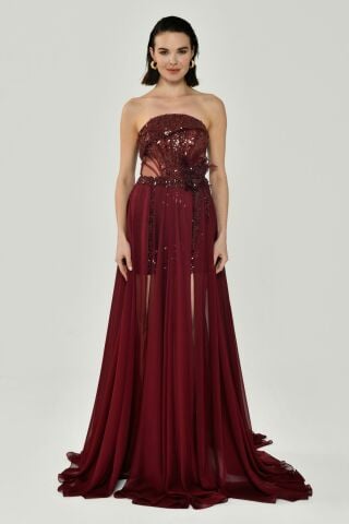 Strapless Top Sequined Bottom Chiffon Floral Lace Long Dress