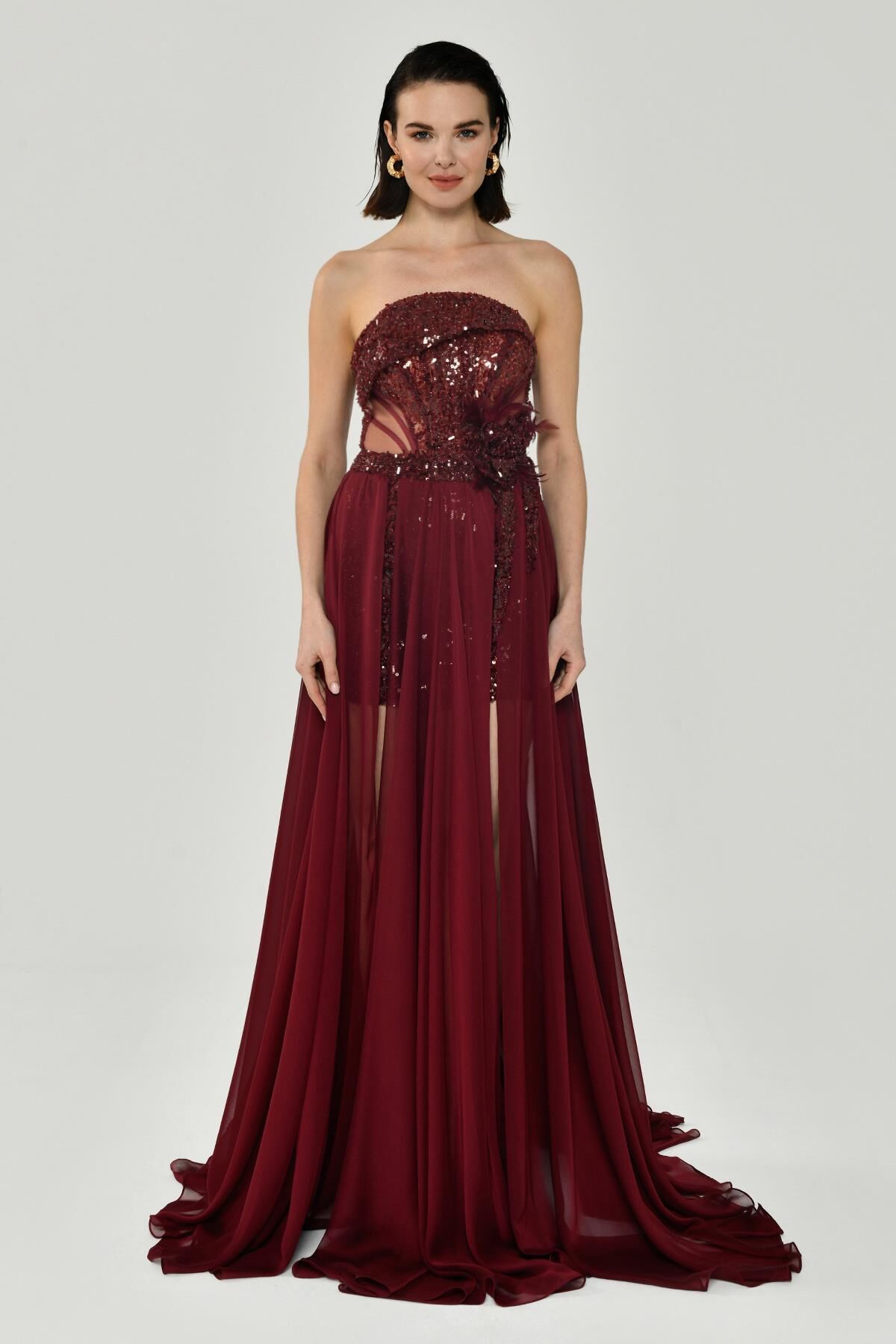 Straplez Üst Pul Payetli Alt Şİfon Çiçek Aksuarlı Uzun Elbise Bordo - 36