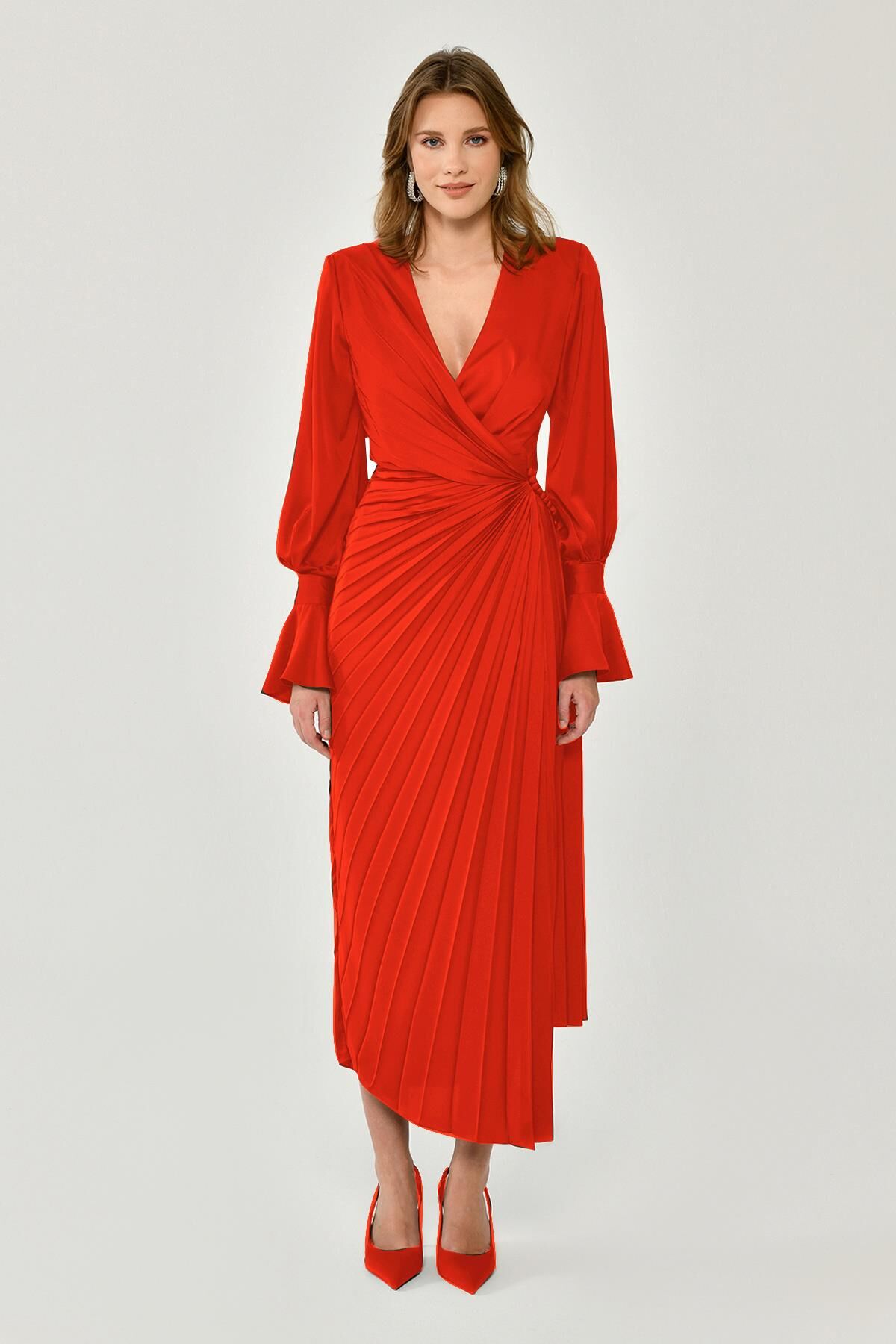 Uzun Kol V Yaka Pliseli Saten Midi Elbise KİREMİT - 46