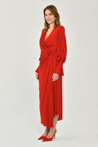 Uzun Kol V Yaka Pliseli Saten Midi Elbise KİREMİT - 46