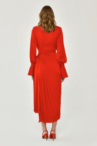 Uzun Kol V Yaka Pliseli Saten Midi Elbise KİREMİT - 46