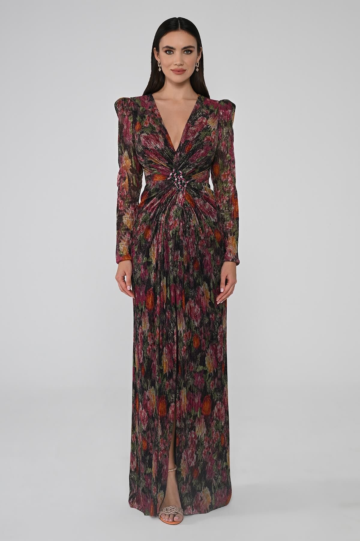 V Yaka Taşlı Tokalı Vatkalı Piliseli Kumaş Uzun Elbise FUŞYA DESEN - 44