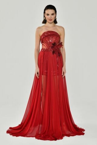 Straplez Üst Pul Payetli Alt Şİfon Çiçek Aksuarlı Uzun Elbise Kırmızı - 36