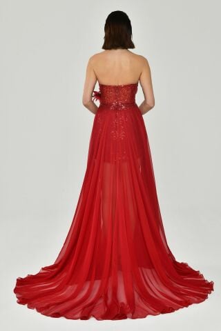 Straplez Üst Pul Payetli Alt Şİfon Çiçek Aksuarlı Uzun Elbise Kırmızı - 36