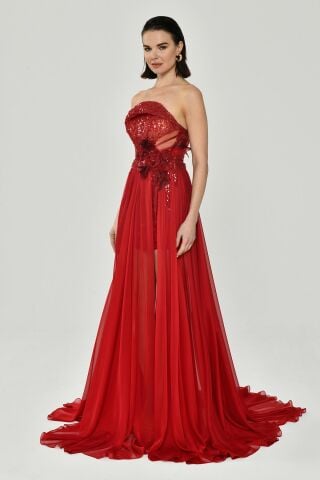 Straplez Üst Pul Payetli Alt Şİfon Çiçek Aksuarlı Uzun Elbise Kırmızı - 40